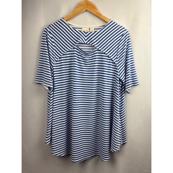 Chicos Womens Stripe Top Blue & White Keyhole Neck Size 2 - Picture 1 of 5